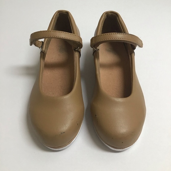 Tap Dance Shoes Little Girls SZ 10M Tan Hook Loop Strap Beige Recital Leo Rhythm - Picture 3 of 15